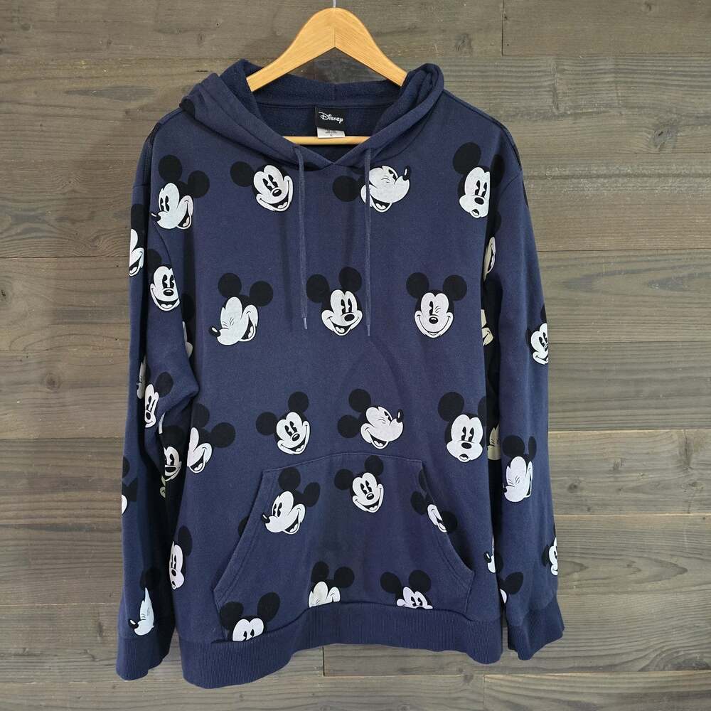 Disney Mickey Mouse All Over Print Hoodie Navy Blue 2XL Pullover Sweatshirt Y2K